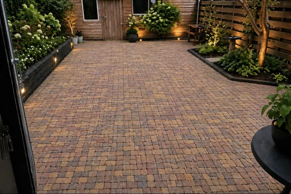 Terras van gebakken klinkers met borders, tuinverlichting en een houten tuinhuis