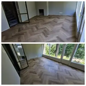 Stijlvolle lichte eiken visgraat laminaat vloer gelegd in een woonkamer in Eindhoven.